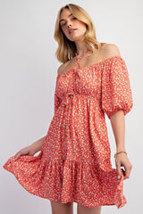 Red Floral Button Front Drawstring Waist Ruffle Dress