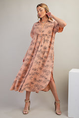 Peach Tiger Print Button Front Rounded Hem Midi Dress