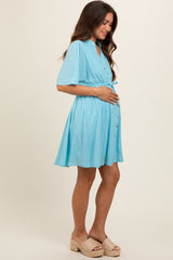 Light Blue Checkered Braided Belt Button Front Maternity Dress