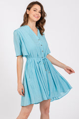 Light Blue Checkered Braided Belt Button Front Dress