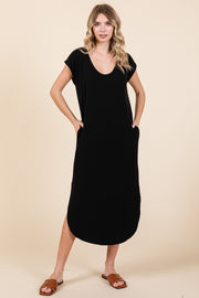 Black Rib Knit Scoop Neck Midi Dress