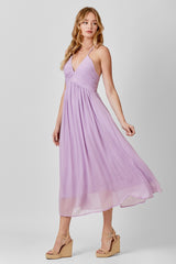 Lavender Ruched V-Neck Midi Dress