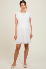 Ivory Flutter Sleeve Pleated Chiffon Mini Maternity Dress