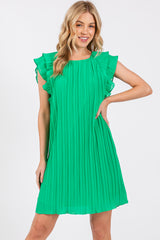 Green Flutter Sleeve Pleated Chiffon Mini Dress