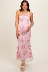 Pink Floral One Shoulder Cutout Maternity Midi Dress