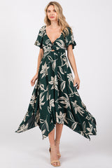 Forest Green Floral Knot Front Short Sleeve Asymmetrical Hem Maxi Dress