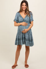 Blue Floral Paisley Knot V-Neck Short Sleeve Maternity Dress