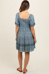 Blue Floral Paisley Knot V-Neck Short Sleeve Maternity Dress