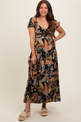 Black Floral Drawstring Front Side Cutout Maternity Maxi Dress