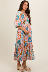 Light Blue Floral Smocked Square Neck Tiered Maternity Midi Dress