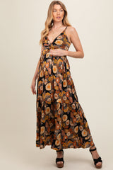 Black Floral Knot Front V-Neck Ruffle Hem Maternity Maxi Dress