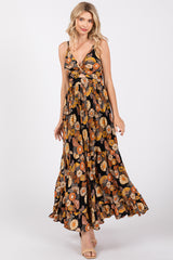 Black Floral Knot Front V-Neck Ruffle Hem Maxi Dress