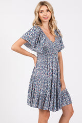 Blue Floral Smocked V-Neck Tiered Dress