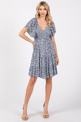 Blue Floral Smocked V-Neck Tiered Dress