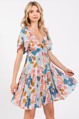 Light Blue Floral Knot Front Tiered Dress