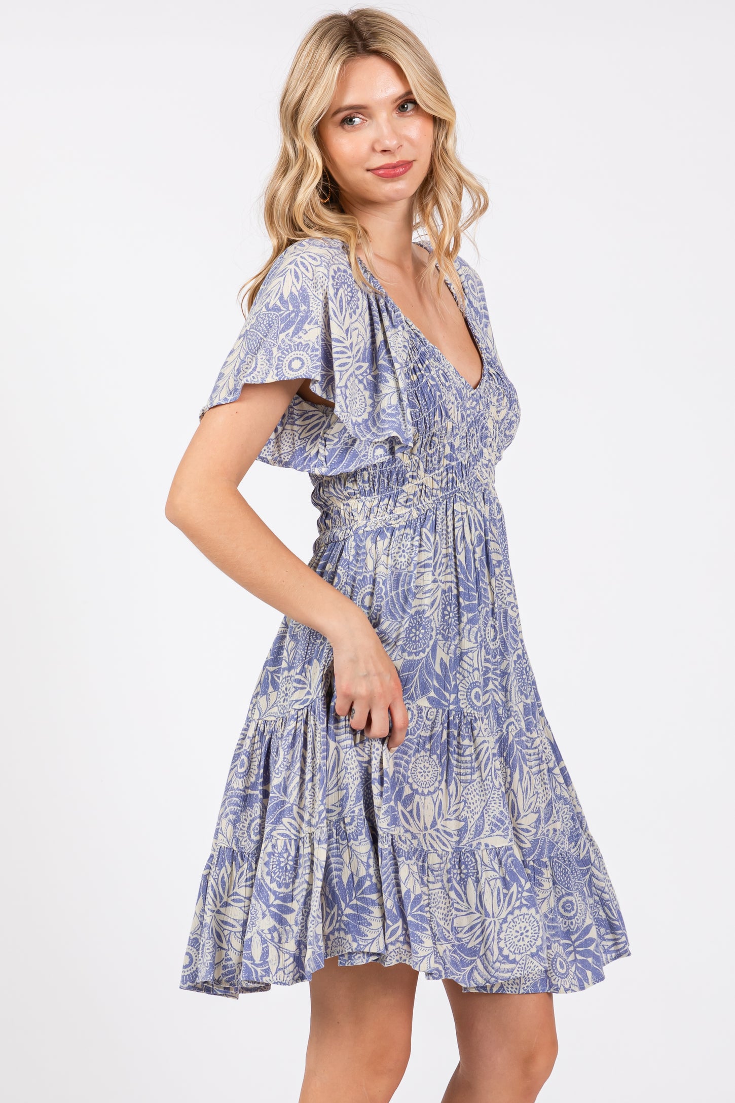 Blue Floral Smocked Dress