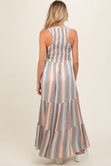 Multi-Color Striped Smocked Racerback Maternity Maxi Dress