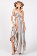 Multi-Color Striped Smocked Racerback Maternity Maxi Dress