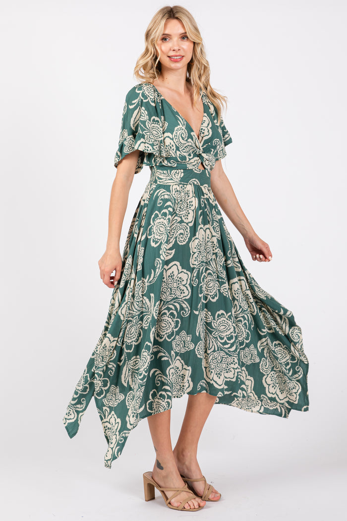Green Floral Cutout Midi Dress
