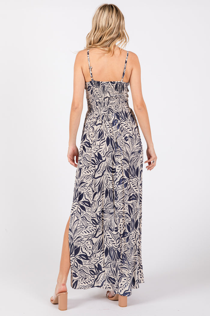 Navy Blue Leaf Print Front Cutout Side Slit Maxi Dress