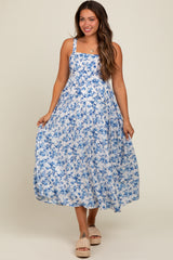 Blue Floral Square Neck Maternity Dress