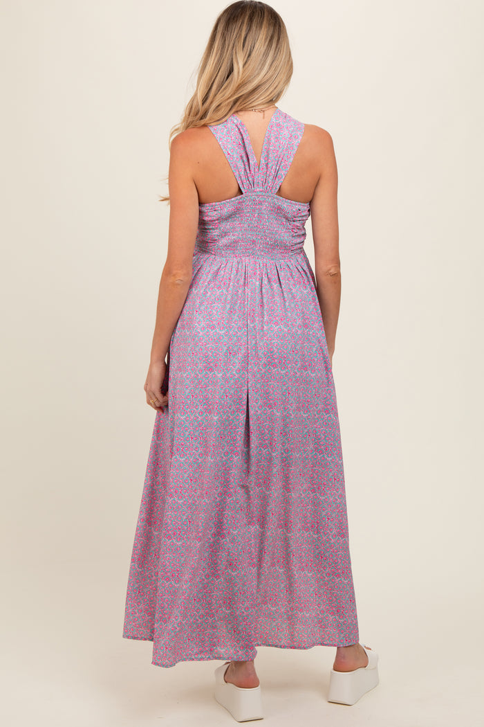 Teal Print Halter Maternity Maxi Dress