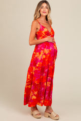 Orange Floral Print Tiered Maternity Dress