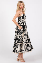 Black Floral Wave Trim A-Line Midi Dress