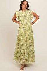 Lime Floral Chiffon Ruffle Shoulder Tiered Maternity Maxi Dress