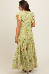 Lime Floral Chiffon Ruffle Shoulder Tiered Maternity Maxi Dress