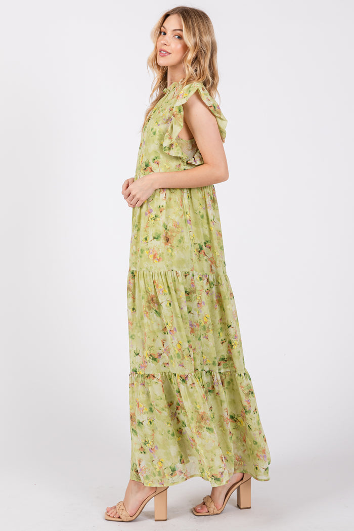 Lime Floral Chiffon Ruffle Shoulder Tiered Maxi Dress