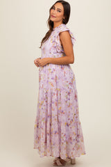 Lavender Floral Chiffon Ruffle Shoulder Tiered Maternity Maxi Dress