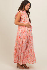 Peach Floral Chiffon Ruffle Shoulder Tiered Maternity Maxi Dress