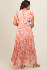 Peach Floral Chiffon Ruffle Shoulder Tiered Maternity Maxi Dress