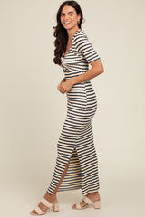 Ivory Black Striped Knit Short Sleeve Maxi Dress