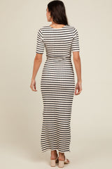 Ivory Black Striped Knit Short Sleeve Maxi Dress