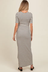 Ivory Black Striped Knit Short Sleeve Maternity Maxi Dress