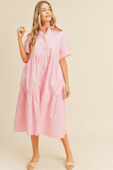 Light Pink Tiered Button Down Maternity Midi Dress