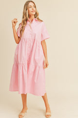 Light Pink Tiered Button Down Midi Dress