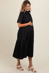 Black Tiered Button Down Maternity Midi Dress