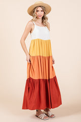 Orange Tiered Colorblock Maxi Dress