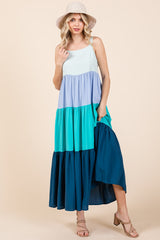 Blue Tiered Colorblock Maxi Dress