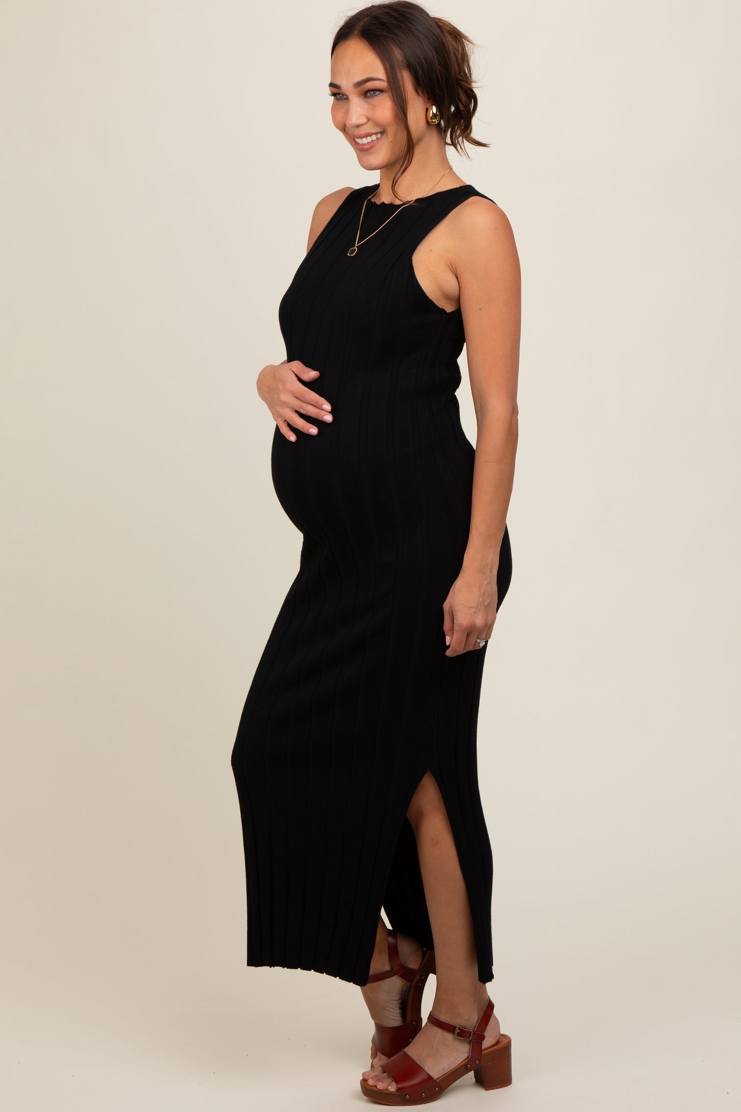 Black Sleeveless Knit Side Slit Maternity Midi Dress