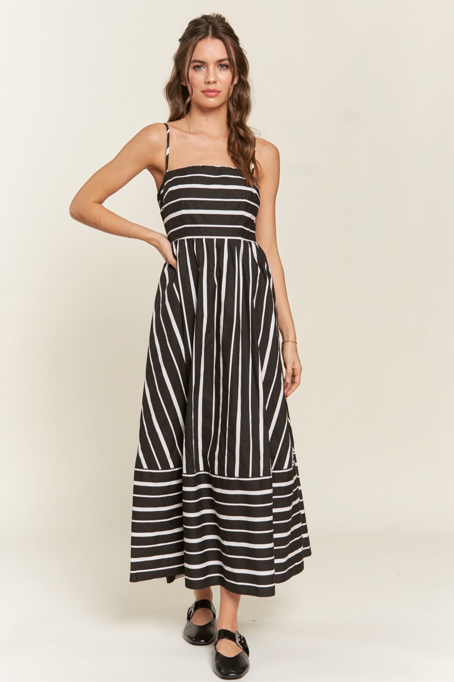 Black Striped Back Cutout Maternity Dress
