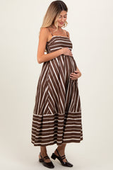 Brown Striped Back Cutout Maternity Dress