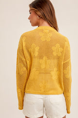 Yellow Floral Open-Stitch Sweater Cardigan