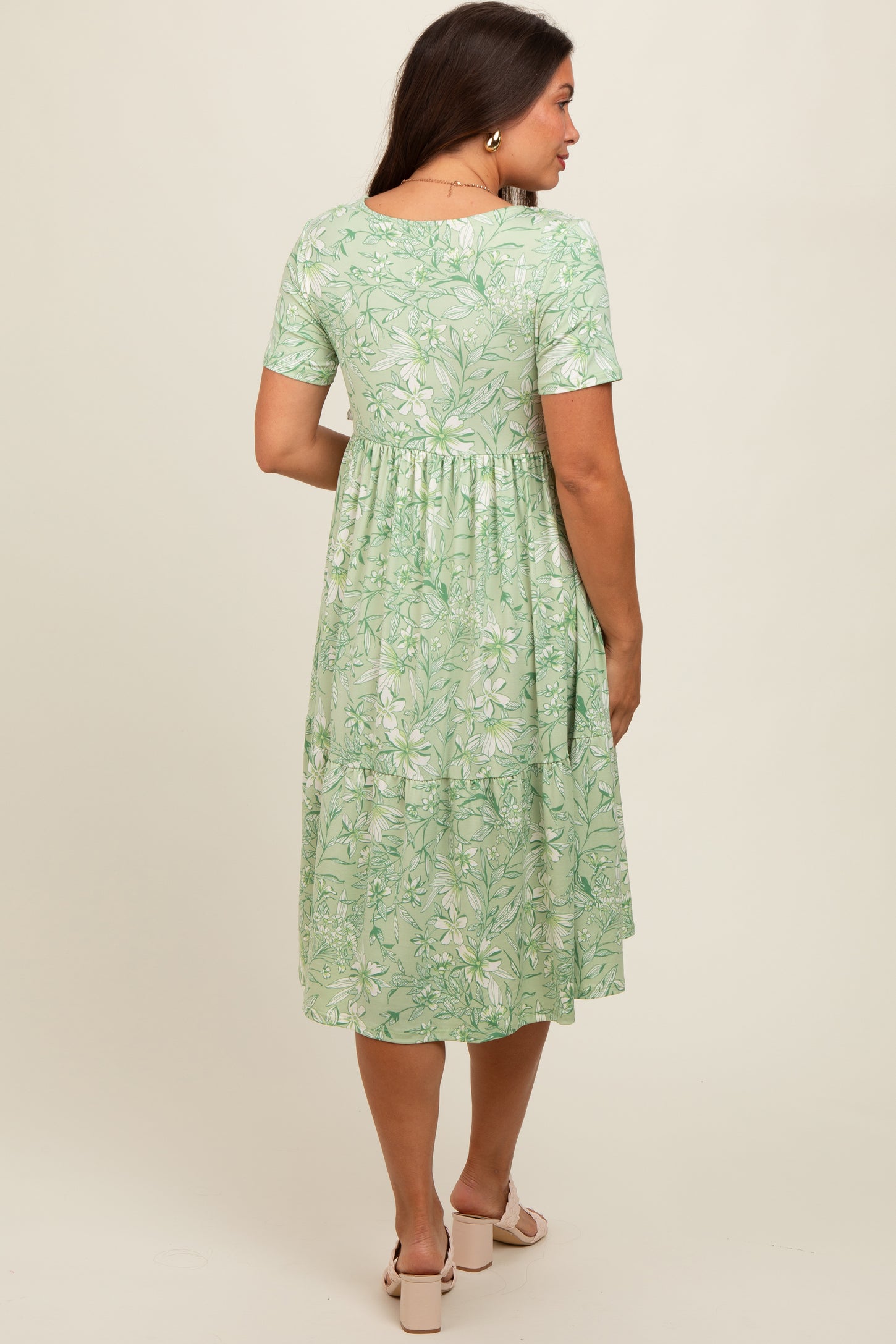 Light Olive Floral Tiered Maternity Midi Dress