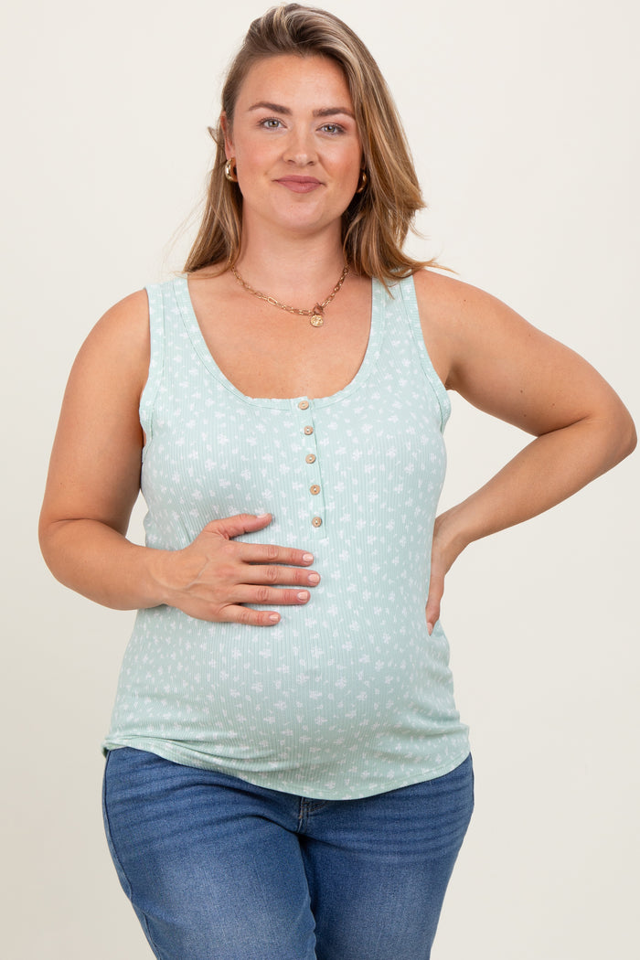 Mint Green Floral Ribbed Henley Maternity Plus Tank Top