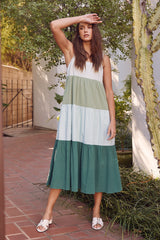 Green Striped Color Block Back Bow Midi Dress
