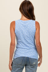 Blue Floral Ribbed Henley Tank Top